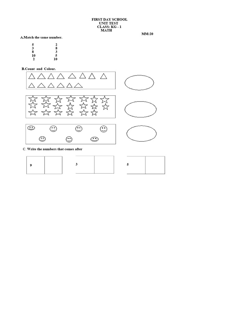 KG-1 Math Unit Test for First Day | PDF