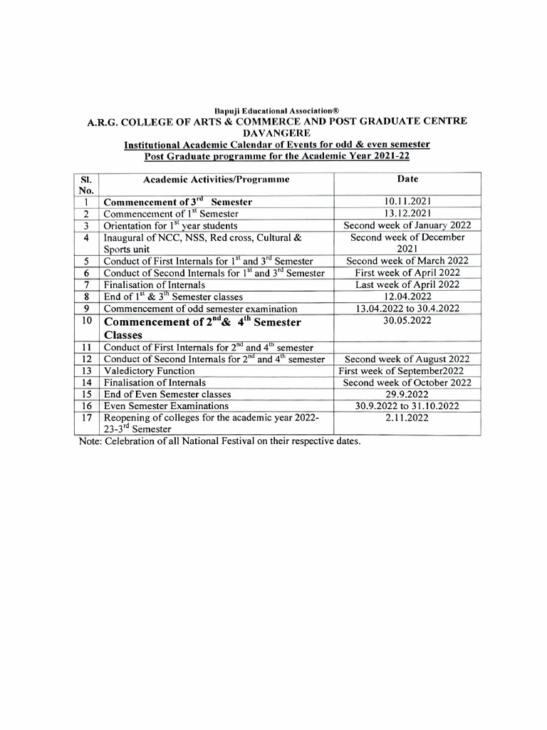Institutional Academic Calendar of Events For Odd & Even Semester Post ...
