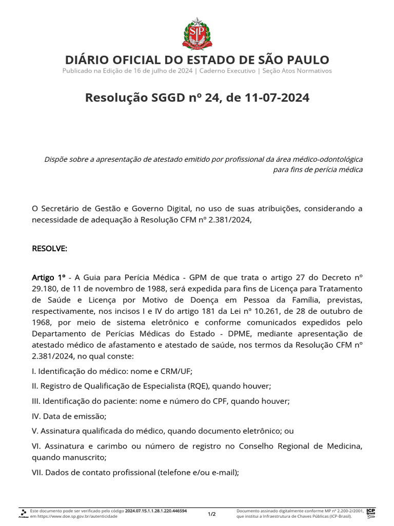 Resolução SGGD nº 24 sobre Atestados Médicos | PDF | Remédio