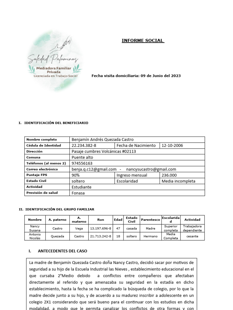 Informe Social de Benjamín Quezada | PDF | Trabajo Social