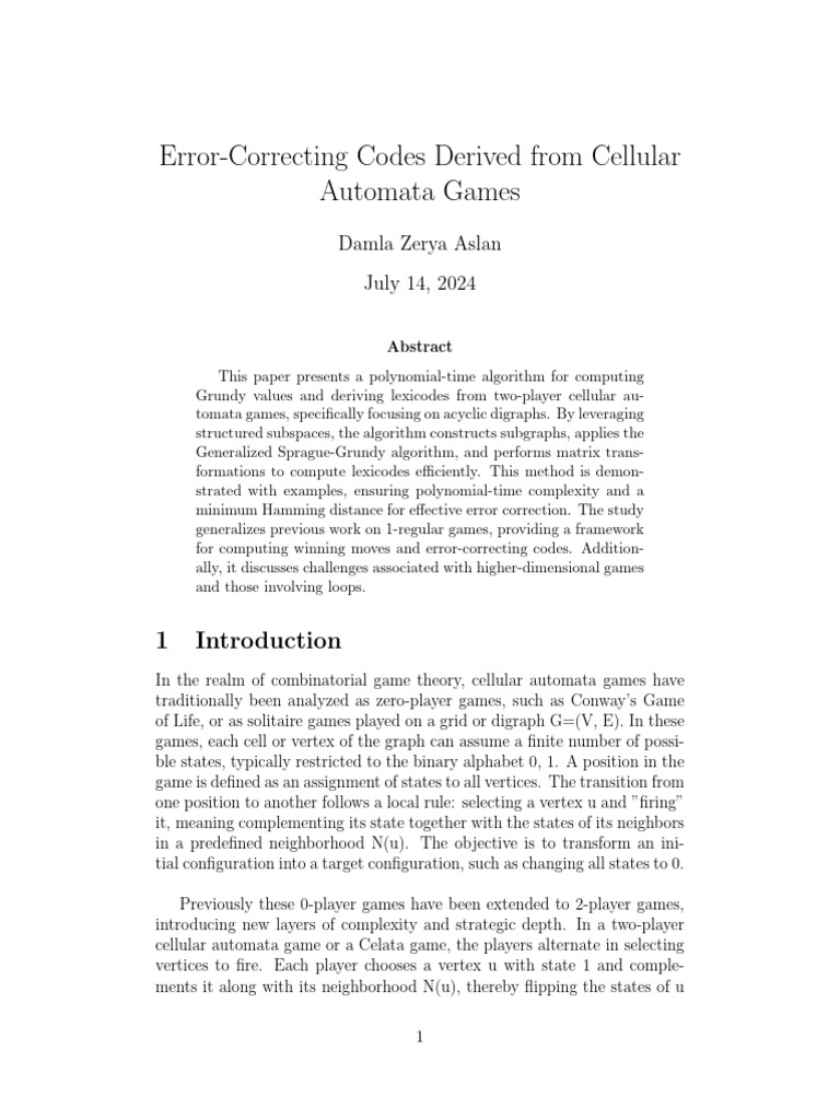 Paper-Error Correcting Codes Derived From Cellular Automata Games | PDF ...