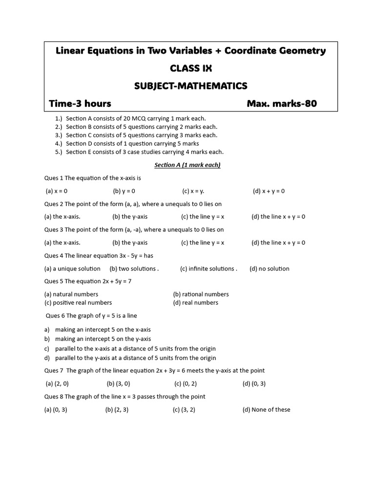 Linear Equation in Two Variable+ Coordinate Geometry | PDF | Cartesian ...