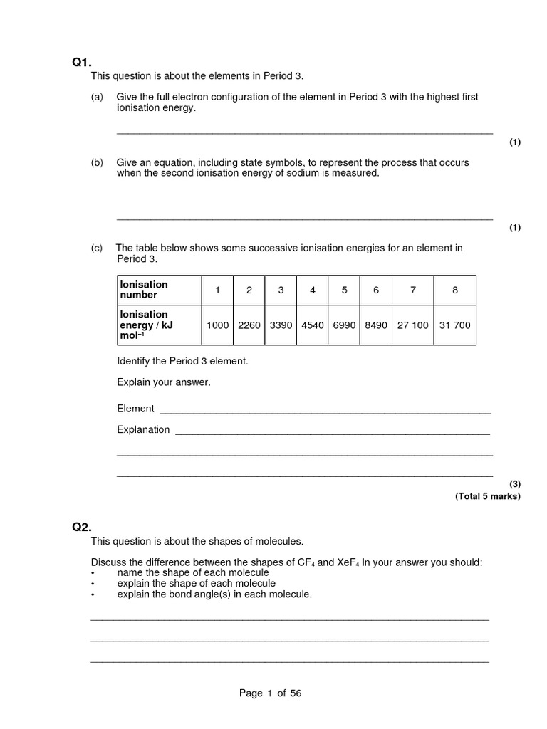 Chemistry Exam: Period 3 & Group 2 Elements | PDF | Hydroxide | Oxide