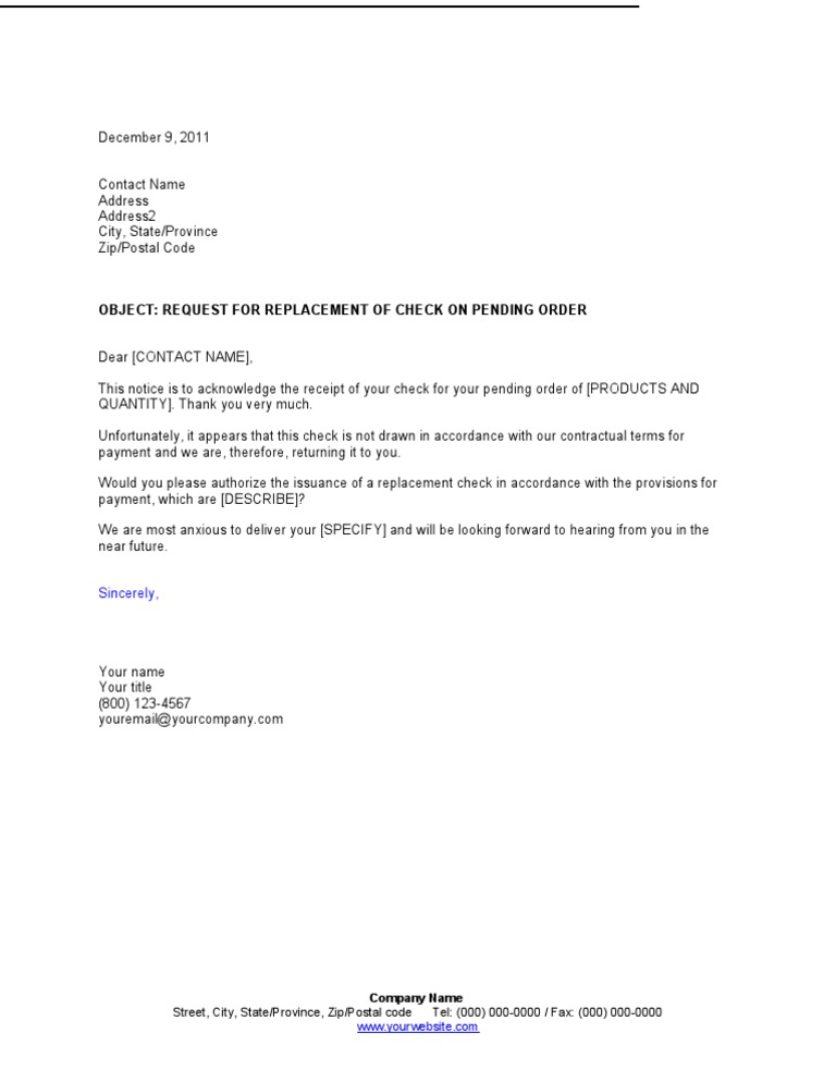 Request For Replacement of Check On Pending Order | PDF | Business ...