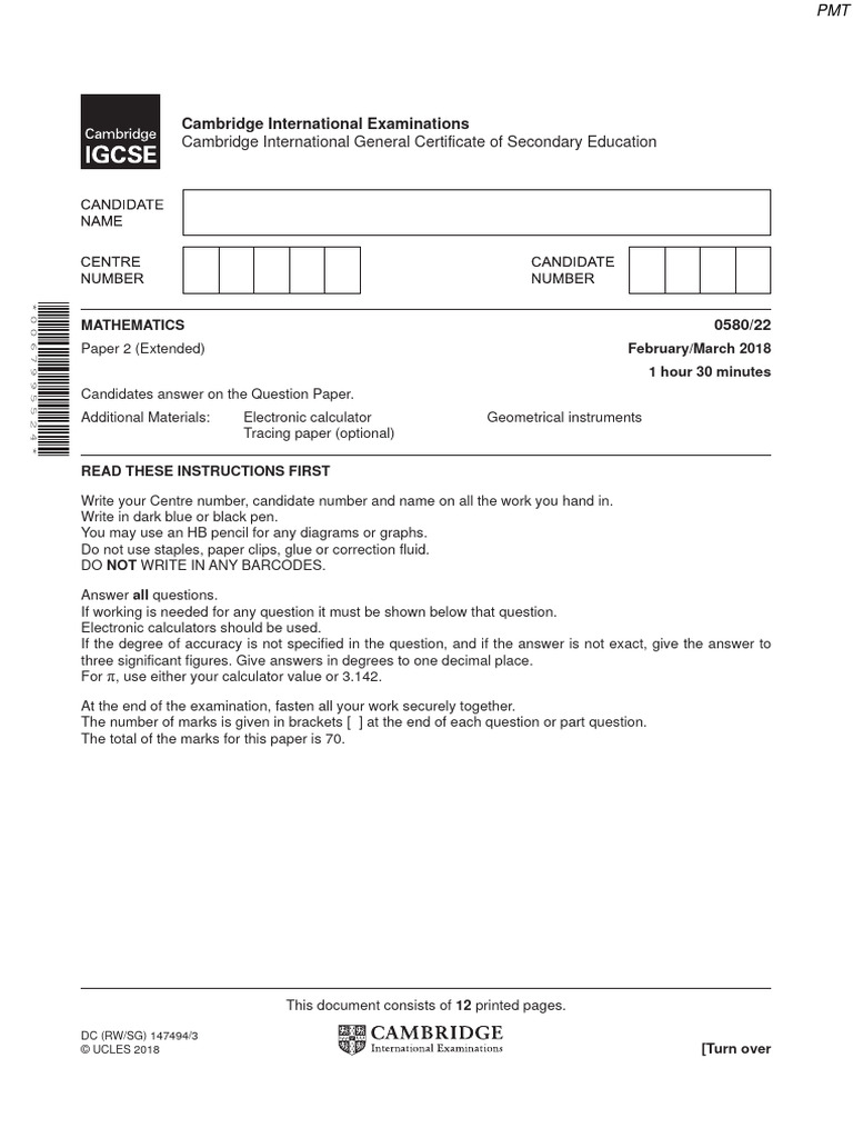 Cambridge IGCSE Mathematics Paper 2 Exam | PDF | Triangle | Area