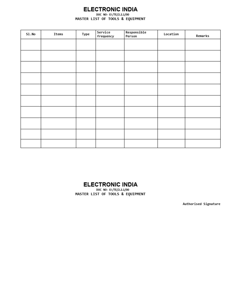 Master List Of Equipment Template