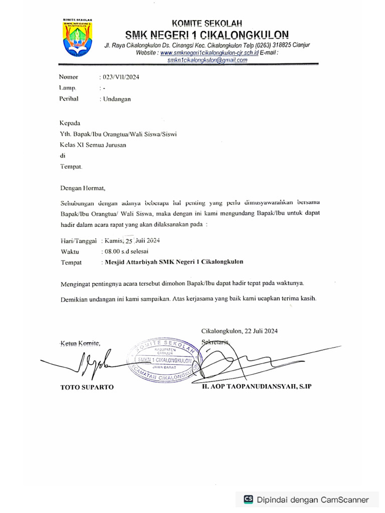 Surat Undangan Rapat Orang Tua Kls XI | PDF