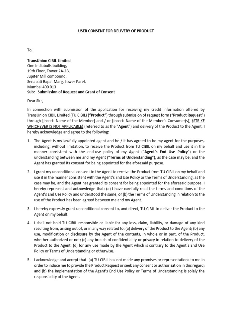 User Consent for TU CIBIL Product Delivery | PDF | Legal Liability ...