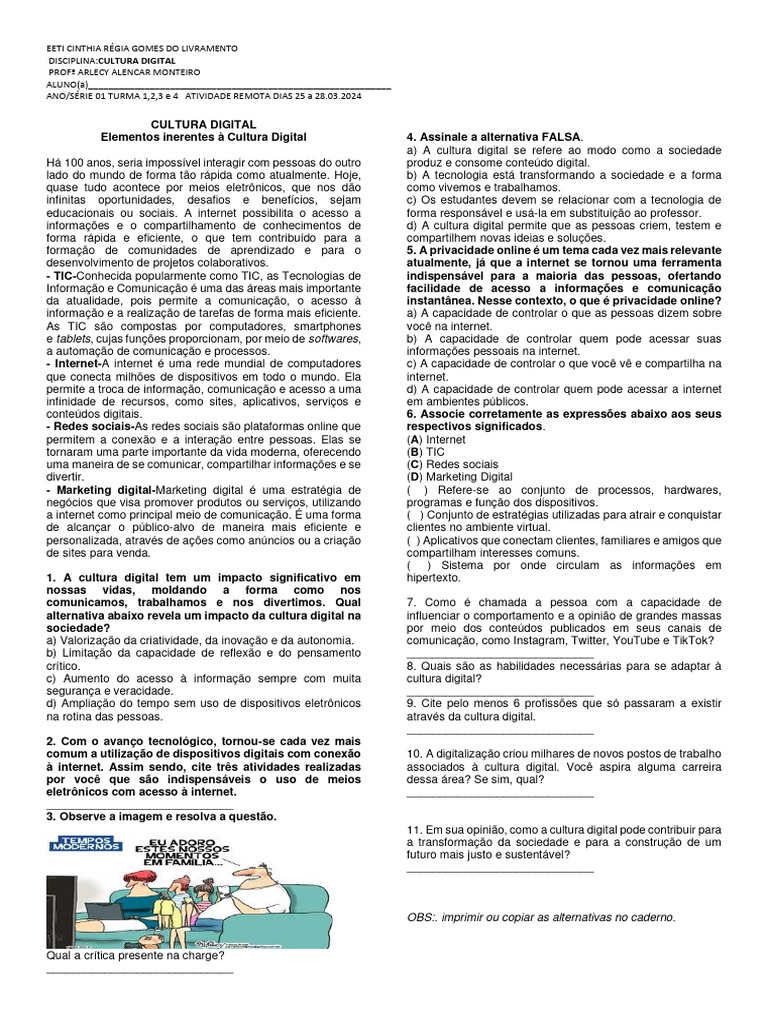 Atividade sobre Cultura Digital para Ensino Médio | PDF | Internet ...