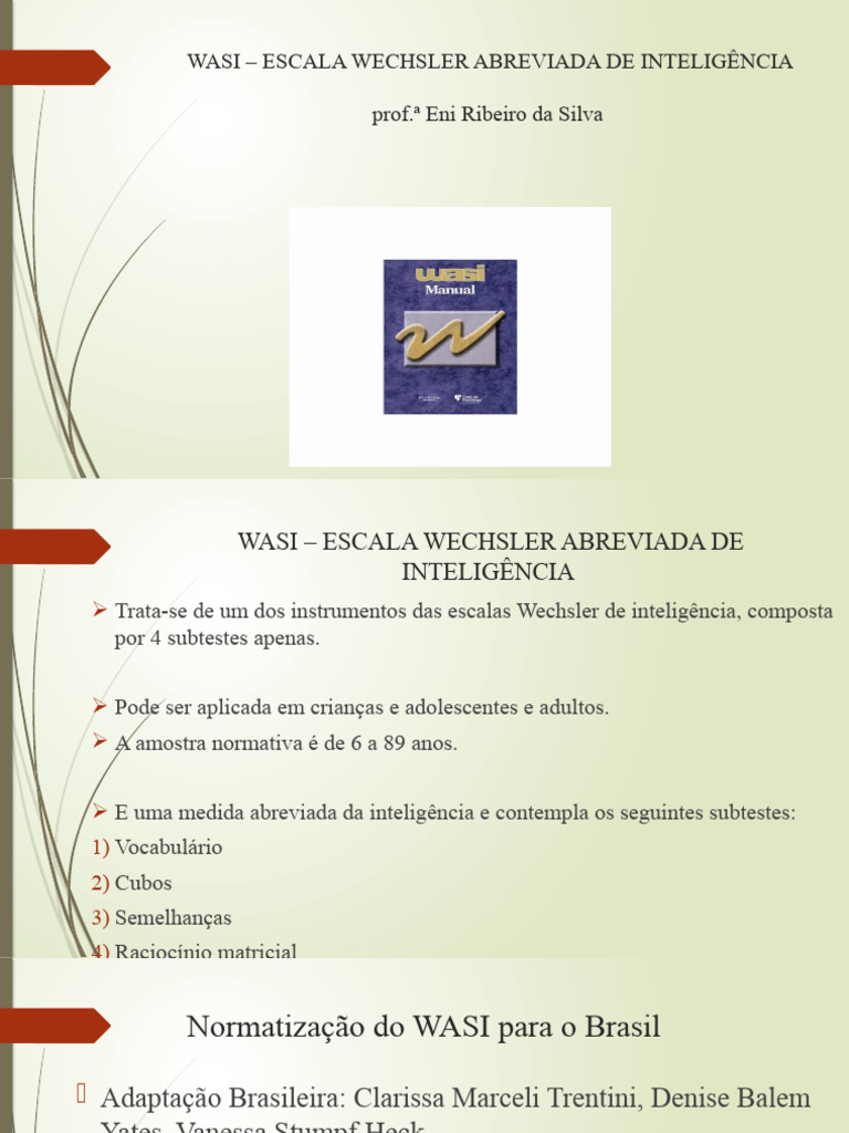 WASI - ESCALA WECHSLER ABREVIADA DE INTELIGÊNCIA Junho 2020 | PDF ...