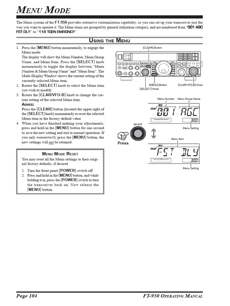 FT-950 Menu Mode Overview | PDF | Broadcasting