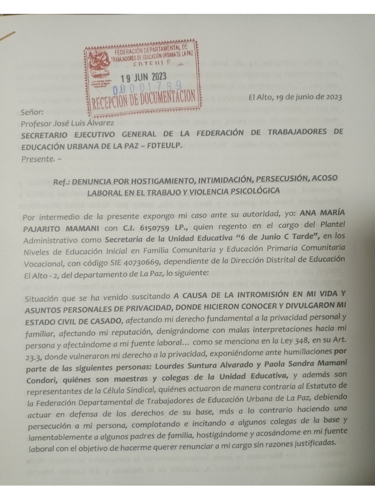 Denuncia Por Acoso Laboral | PDF