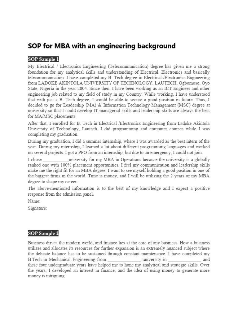MBA SOP for Engineering Graduates | PDF | Marketing | Master Of ...