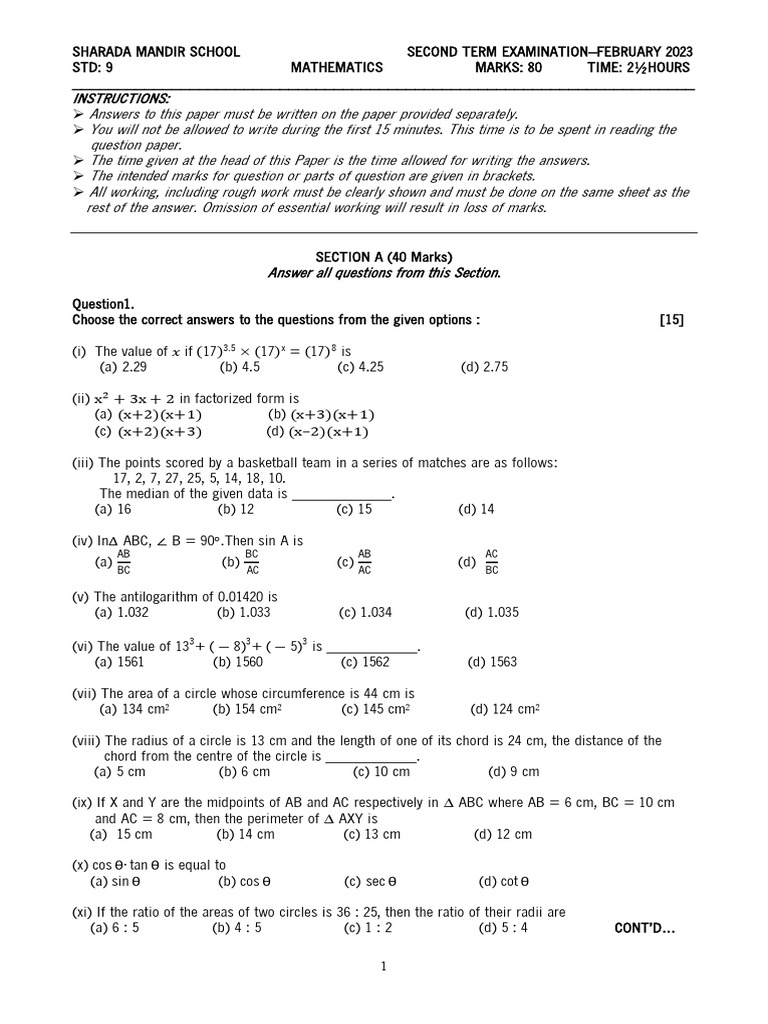 STD 9 Math QP T2 2023 | PDF | Circle | Area