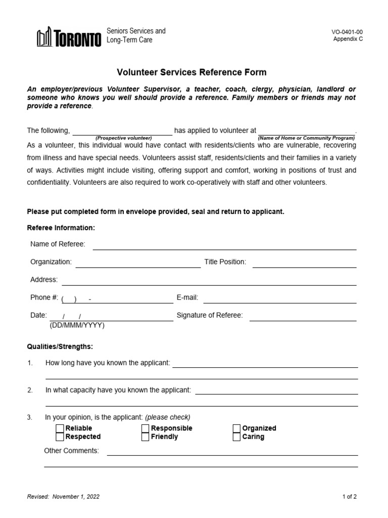 Volunteer Reference Form for Employment | PDF | Volunteering ...