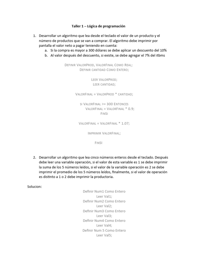 Logica de Programación TALLER 1 OFICIAL | PDF