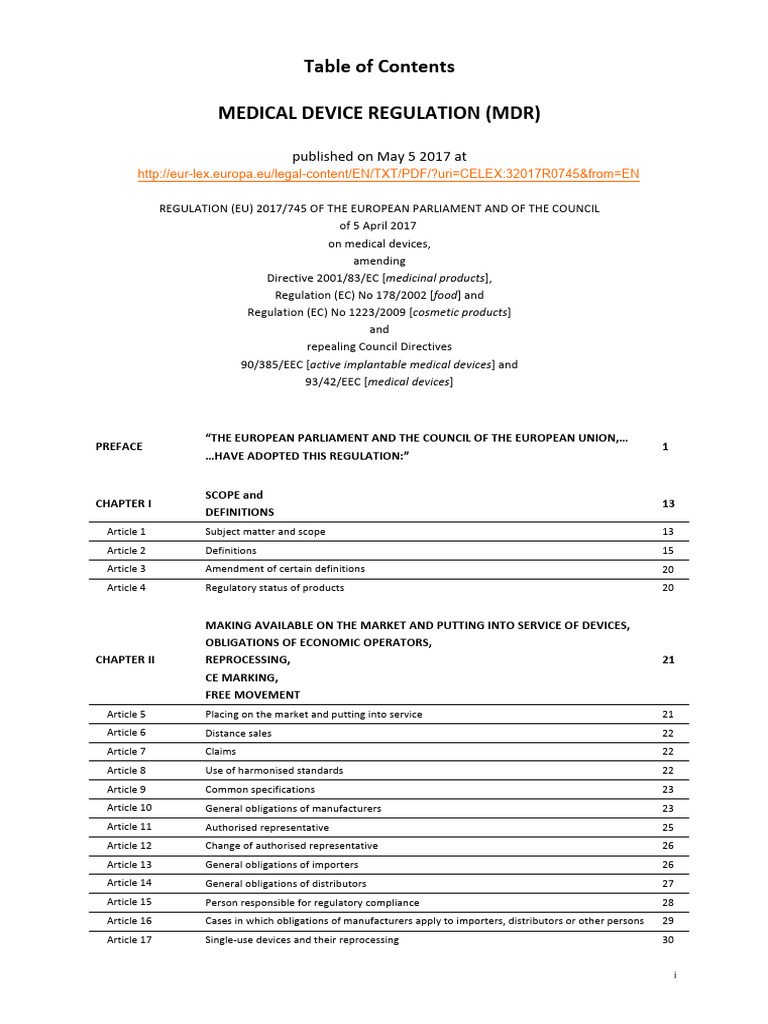 MDR Table of Contents 5 May 2017 | PDF | Medical Device