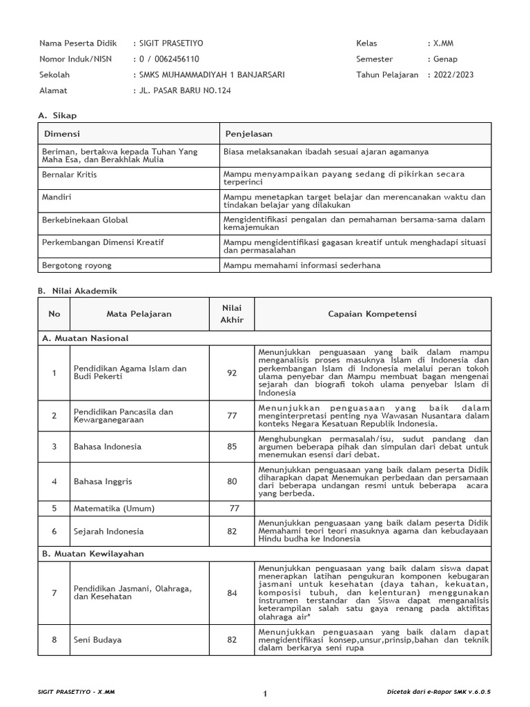 Rapor Akademik Sigit Prasetiyo X.MM | PDF