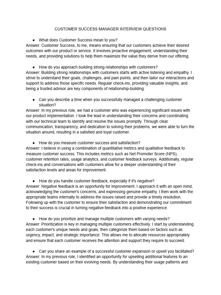Customer Success Manager Interview Questions | PDF | Employee Retention ...
