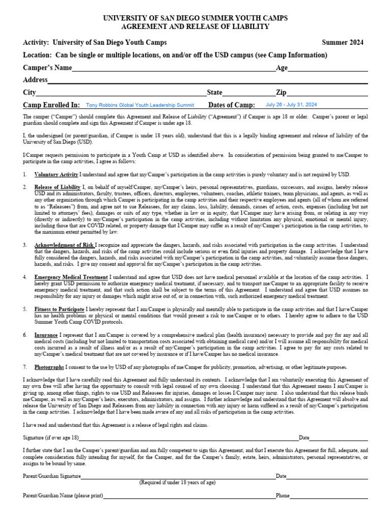 USD Summer Youth Camps Form 2024.fillable .01 | PDF | Risk | Insurance