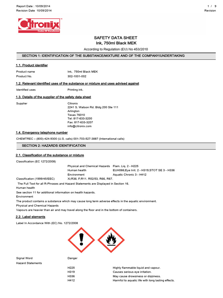 MEK Black Ink Safety Data Sheet | PDF | Occupational Safety And Health ...