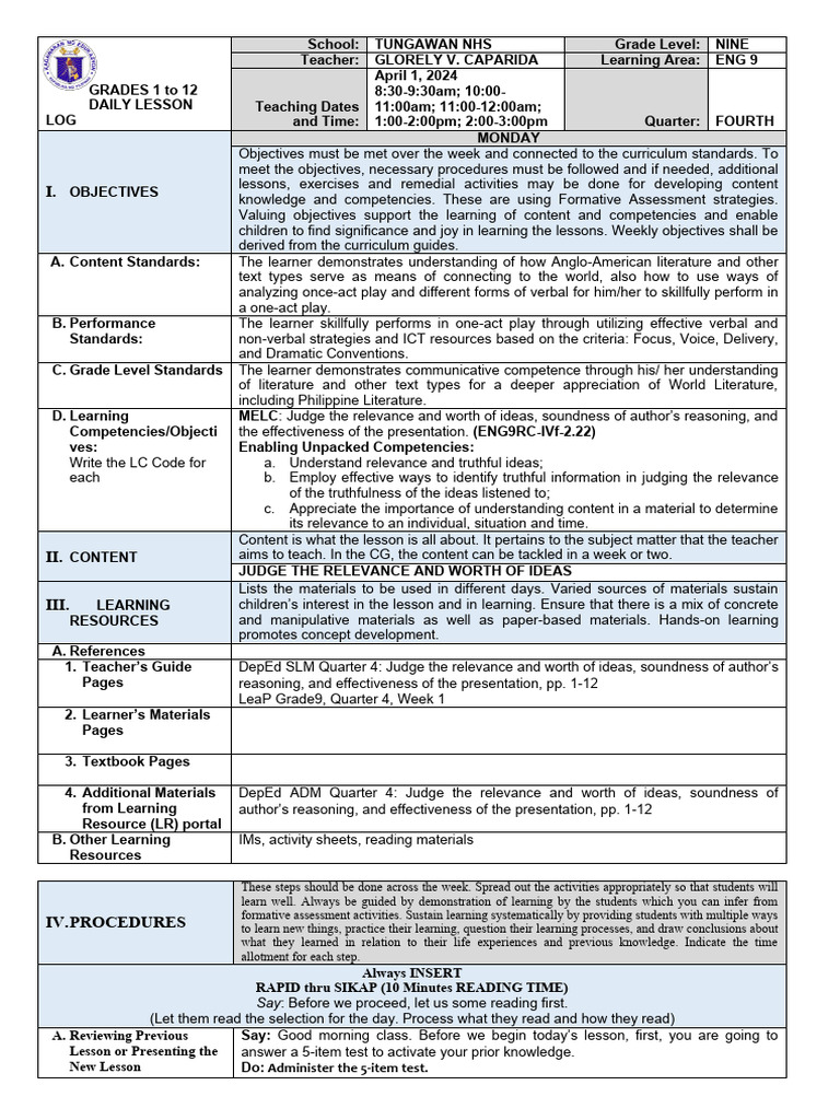 Grade 9 English Daily Lesson Plan | PDF | Learning | Information