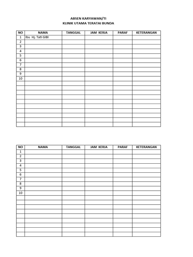 Jadwal Absen Karyawan Klinik Bunda | PDF