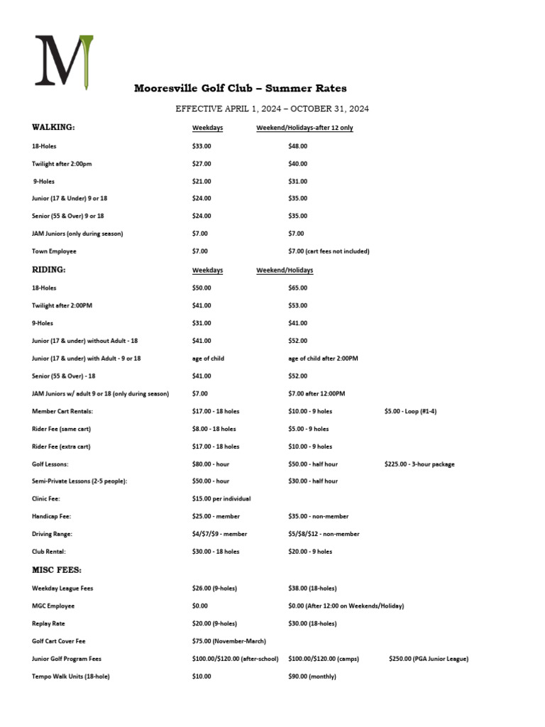 Mooresville Golf Club Summer Rates 2024 | PDF | Ball Games | Sports
