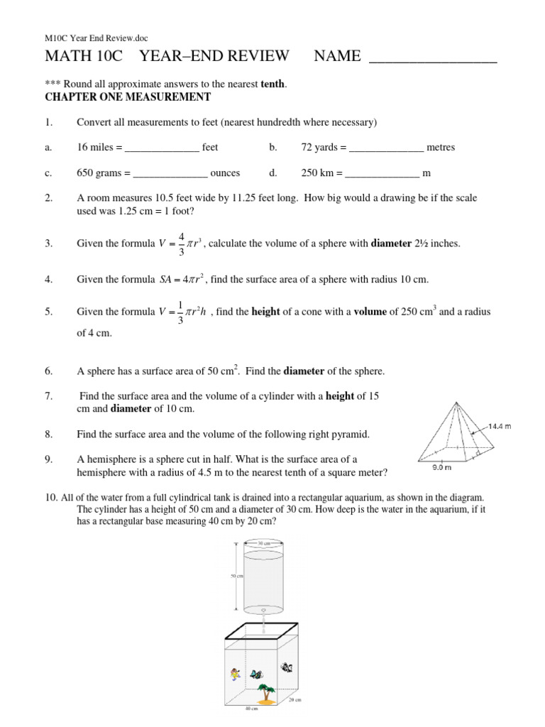 Math 10C Year-End Review Guide | PDF | Area | Sphere