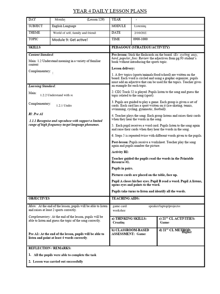 Year 4 Daily Lesson Plans | PDF | Lesson Plan | Teachers