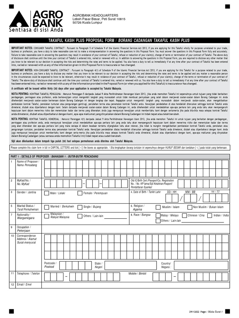 Borang Cadangan Takaful Kasih Plus | PDF