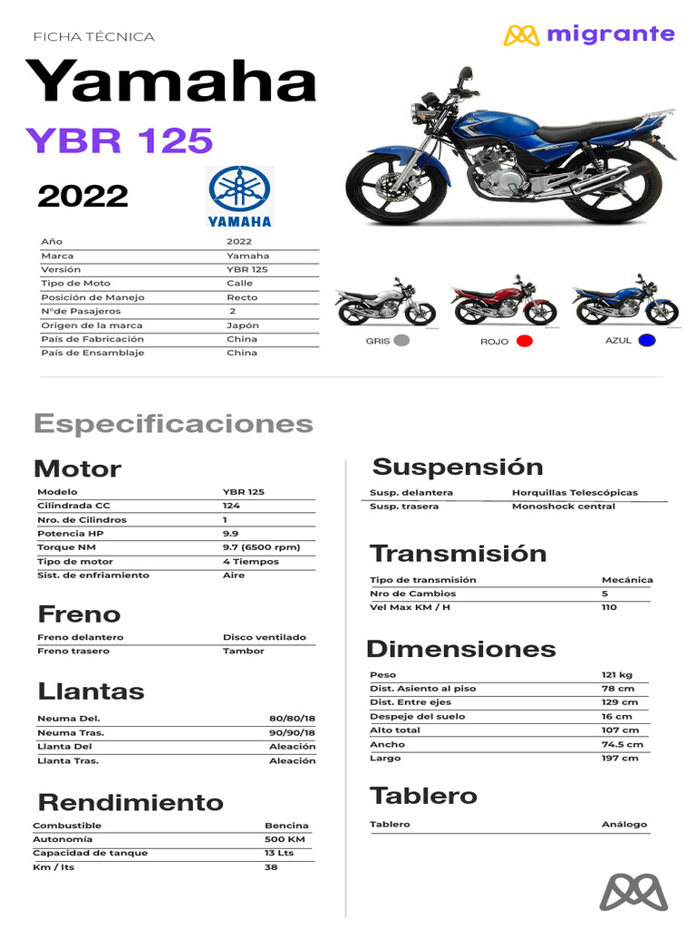 Yamaha YBR 125 2022: Especificaciones y Rendimiento | PDF