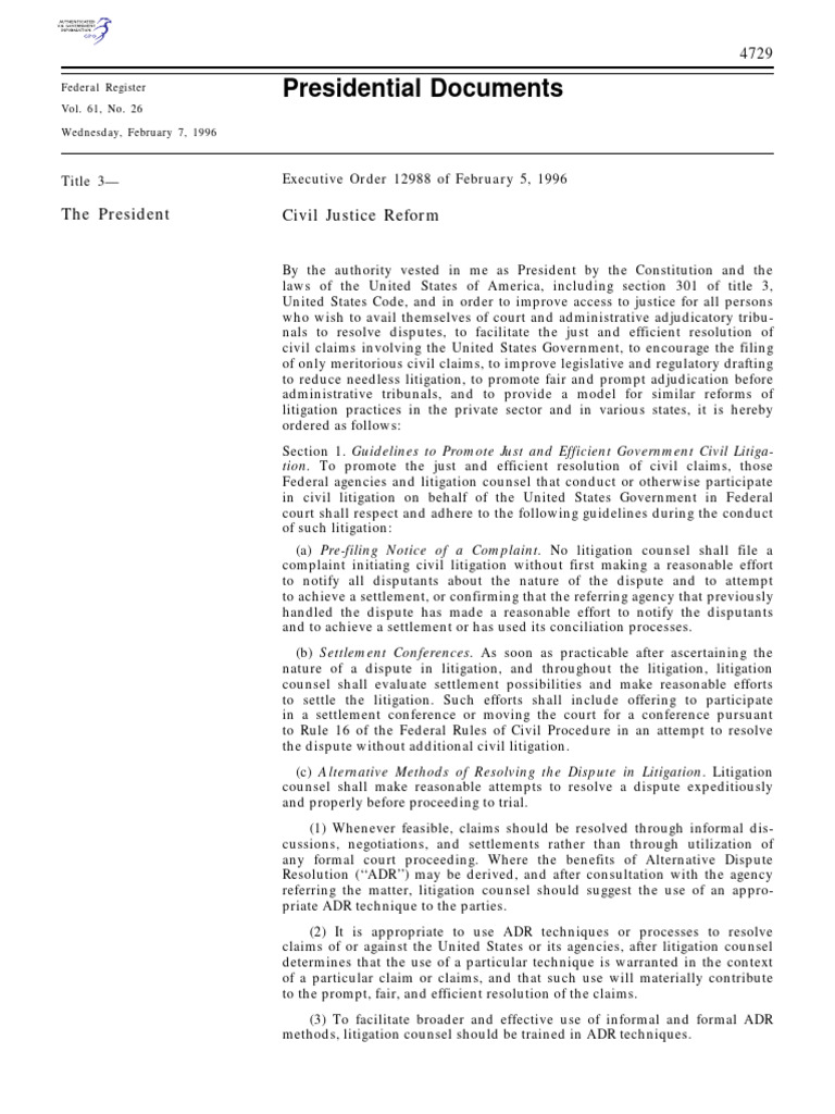 Executive Order on Civil Justice Reform | PDF | Lawsuit | Alternative ...