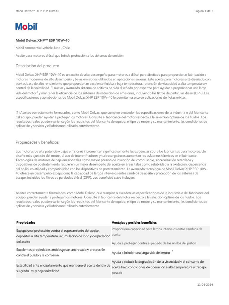 Mobil Delvac™ XHP ESP 10W-40 | PDF | Lubricante | Motor diesel