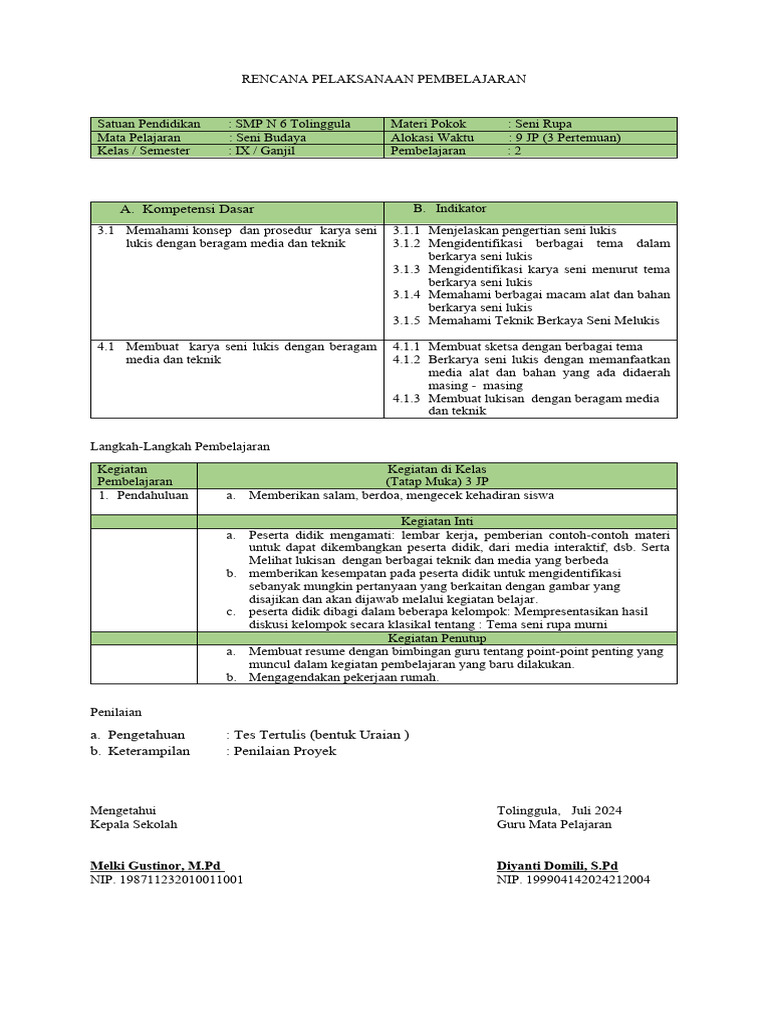 RPP Seni Rupa SMP N 6 Tolinggula | PDF | Griya & Taman | Seni