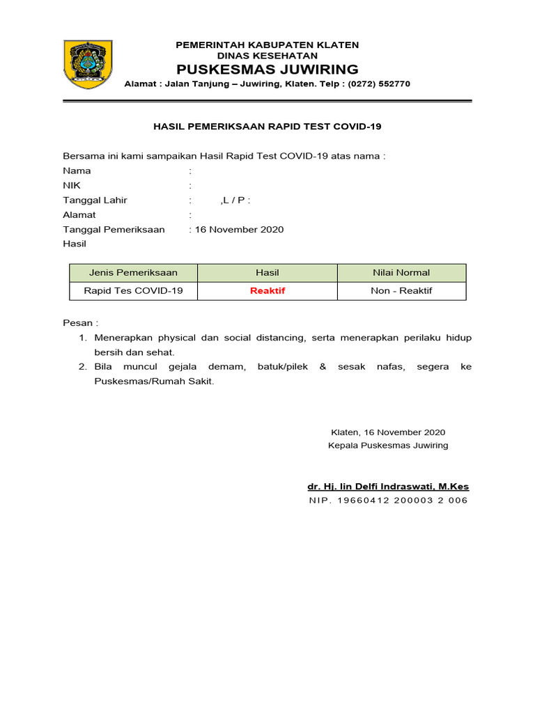 Hasil Rapid Test COVID-19 Klaten | PDF