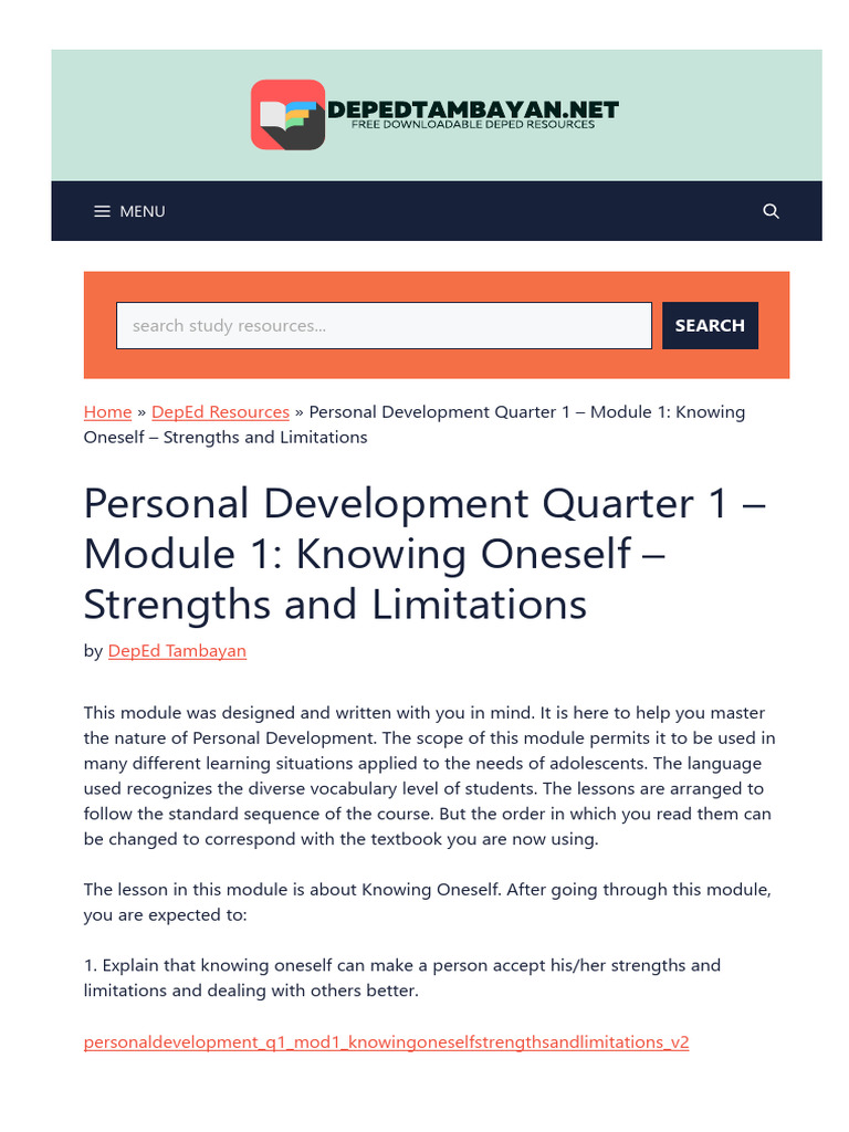 Personal Development Quarter 1 Module 1 Knowing Oneself Strengths and ...
