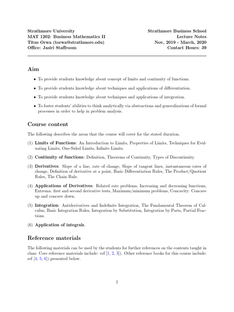 Business Mathematics II Lecture Notes | PDF | Derivative | Integral
