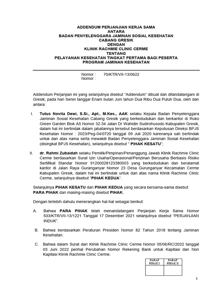 Addendum PKS Klinik Rachmie Clinic Cerme | PDF