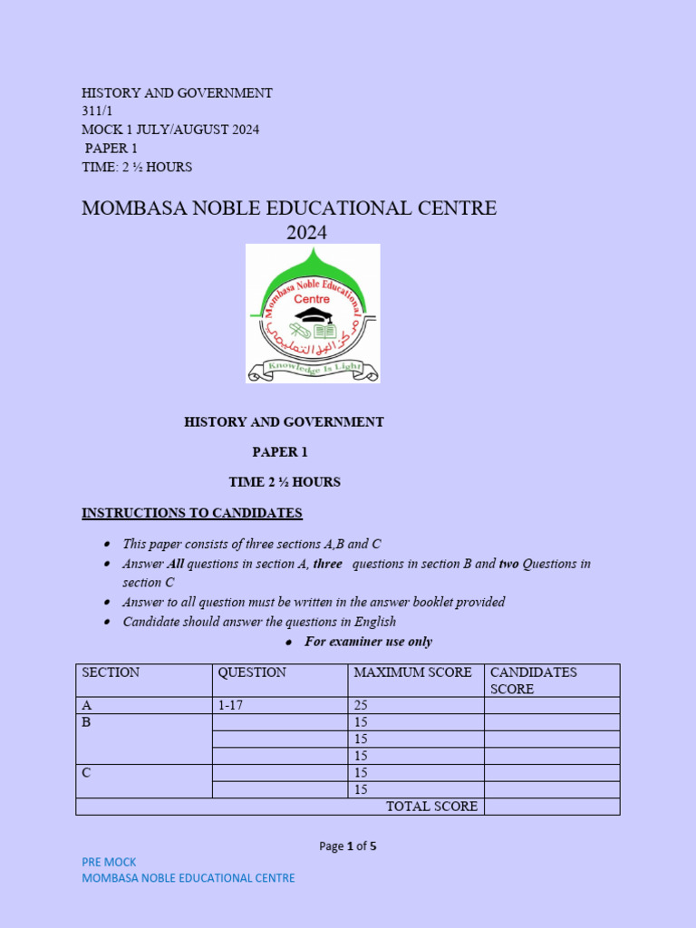 2024 History Paper 1 Mock Exam | PDF | Kenya | Africa