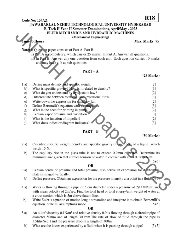 Fluid Mechanics Exam Paper 2023 | PDF | Pump | Fluid Dynamics