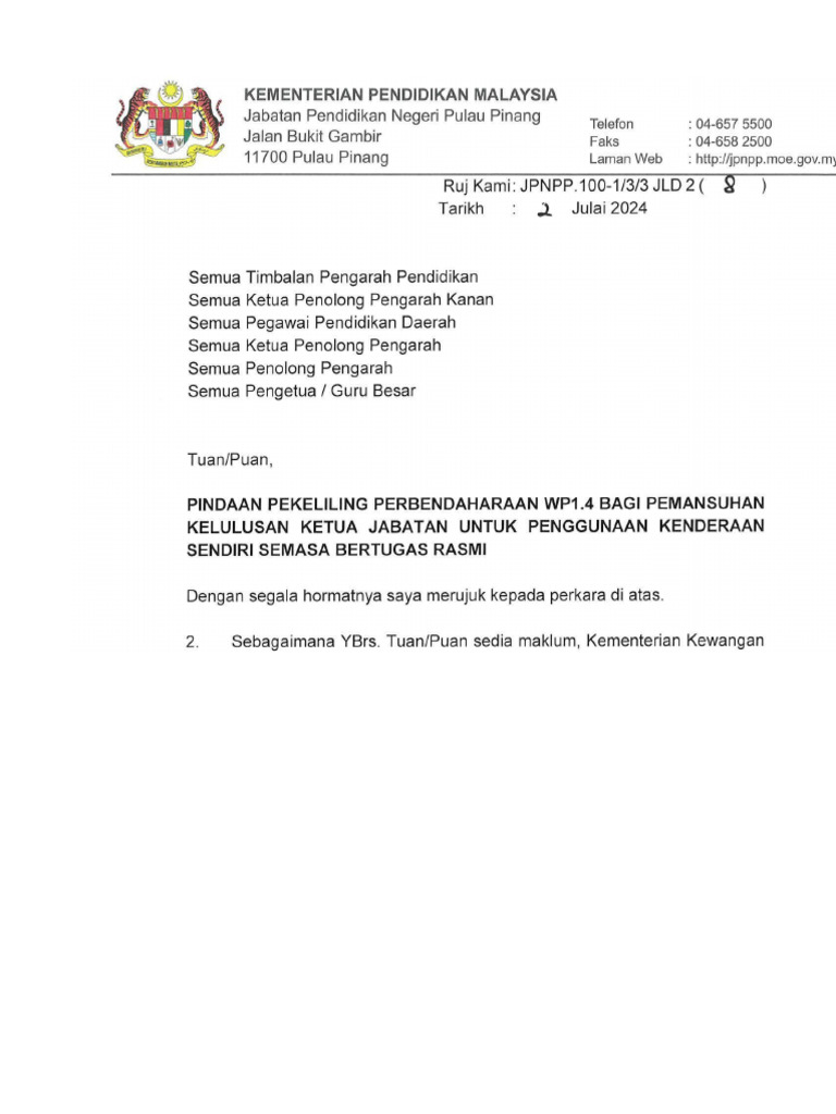 Pindaan Pekeliling Perbendaharaan Wp1.4 Bagi Pemansuhan Kelulusan Ketua