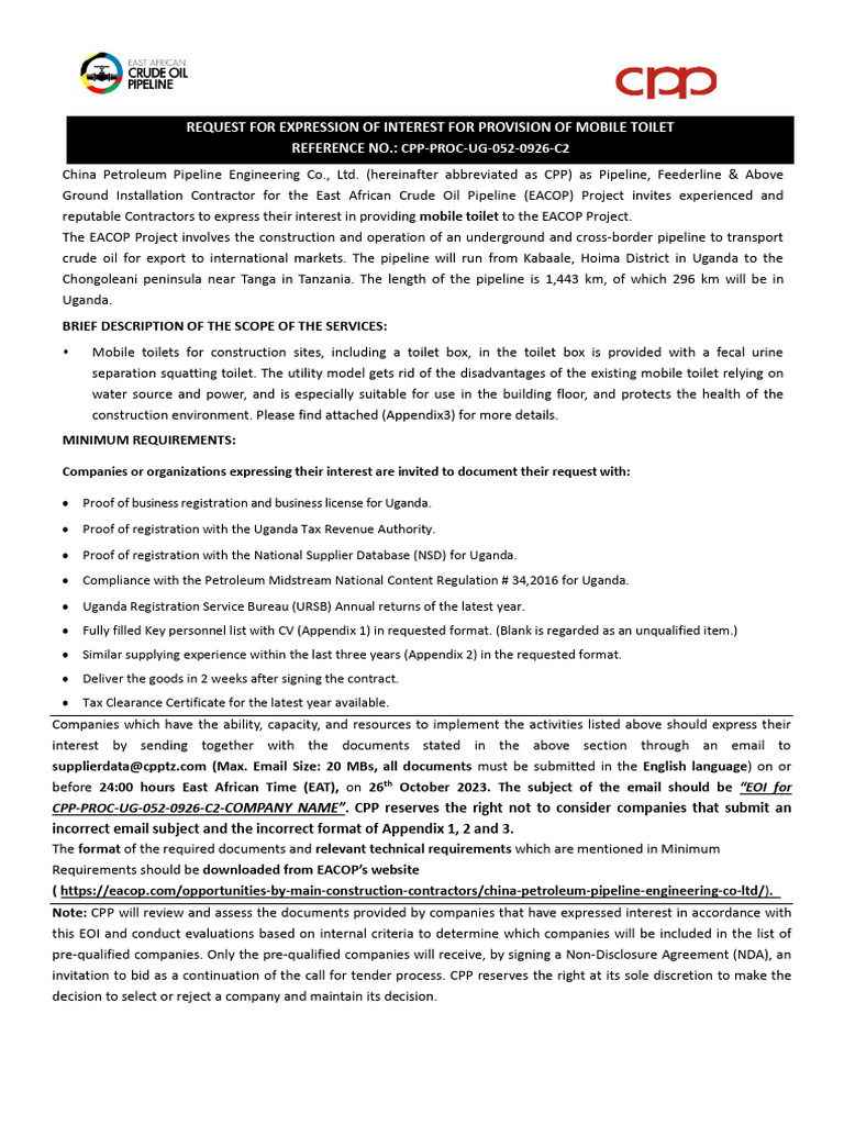 EOI for Mobile Toilets in EACOP Project | PDF | Business | Computers