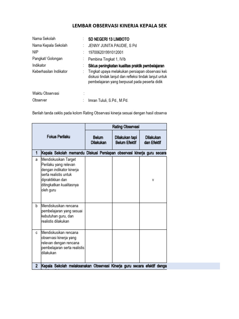 Observasi Kinerja Kepala Sekolah Tk Pdf Karier Perkembangan