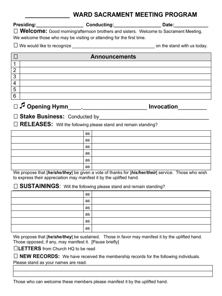 Sacrament Meeting Conducting Template | PDF | Confirmation | Sacraments