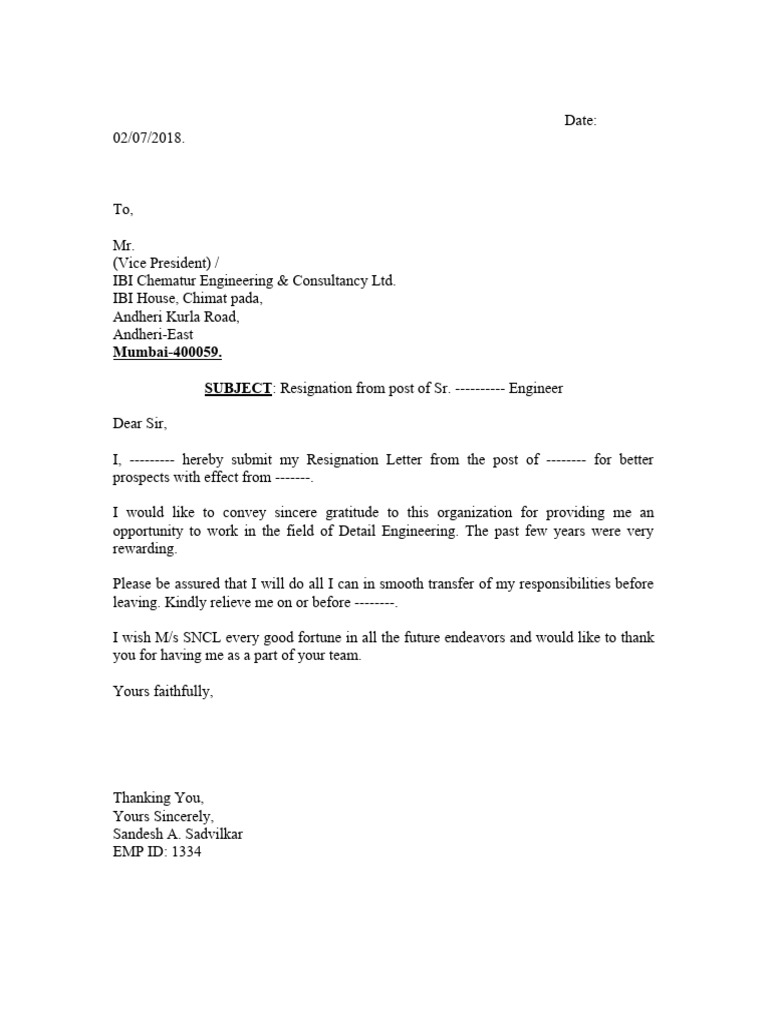 Resignation Letter from Senior Engineer | PDF