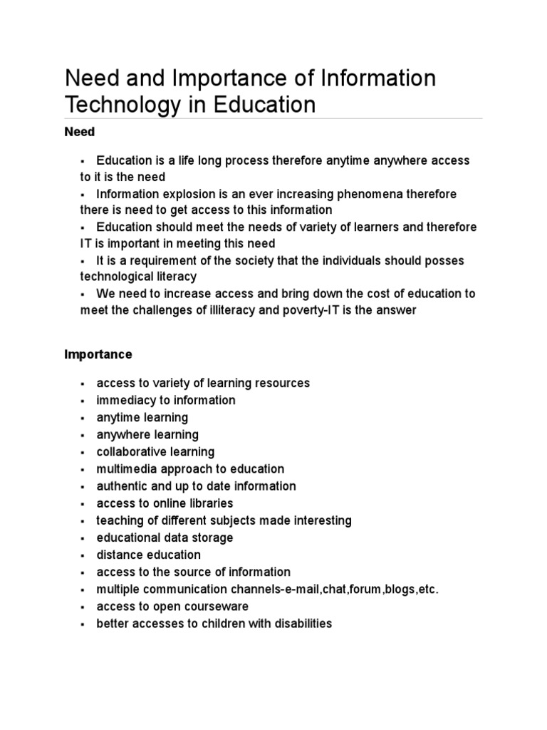 Need and Importance of Information Technology in Education | PDF ...