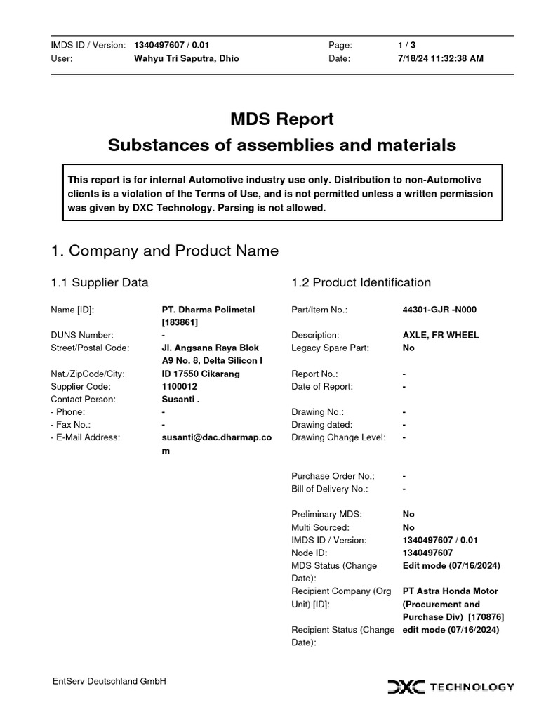 MDS Report for EntServ Deutschland GmbH | PDF | Metals | Materials