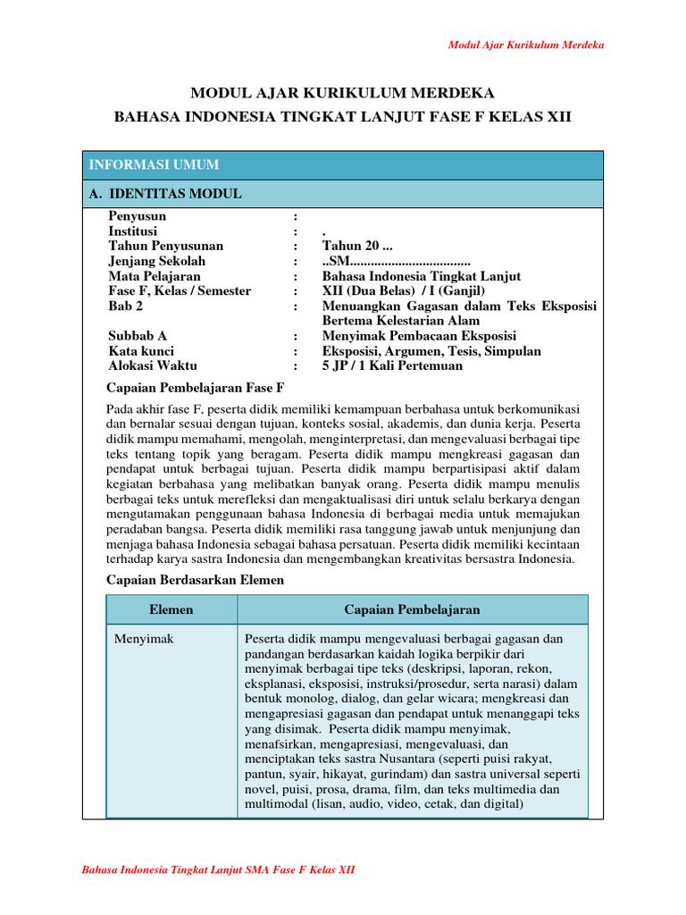 Modul Ajar Bahasa Indonesia SMA XII | PDF | Seni & Disiplin Bahasa