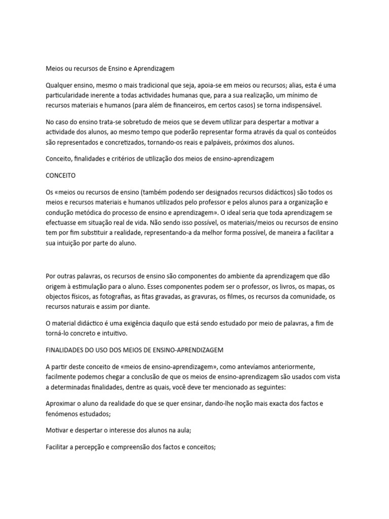 Meios Ou Recursos de Ensino | PDF | Aprendizado | Método de ensino